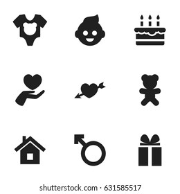Set Of 9 Editable Kin Icons. Includes Symbols Such As Man Emblem, Home, Patisserie And More. Can Be Used For Web, Mobile, UI And Infographic Design.