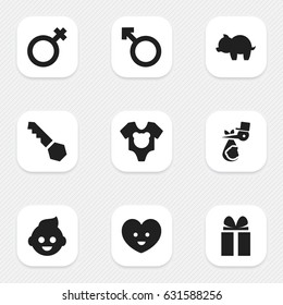 Set Of 9 Editable Kin Icons. Includes Symbols Such As Bodysuit, Soul, Gift And More. Can Be Used For Web, Mobile, UI And Infographic Design.