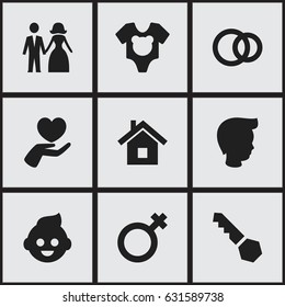 Set Of 9 Editable Kin Icons. Includes Symbols Such As Baby, Bodysuit, Woman Sign And More. Can Be Used For Web, Mobile, UI And Infographic Design.