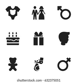 Set Of 9 Editable Kin Icons. Includes Symbols Such As Bodysuit, Child, Man Emblem And More. Can Be Used For Web, Mobile, UI And Infographic Design.