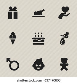Set Of 9 Editable Kin Icons. Includes Symbols Such As Gift, Baby, Cold Dessert And More. Can Be Used For Web, Mobile, UI And Infographic Design.