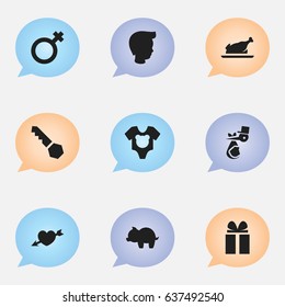 Set Of 9 Editable Kin Icons. Includes Symbols Such As Boy, Lock, Woman Sign And More. Can Be Used For Web, Mobile, UI And Infographic Design.