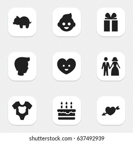 Set Of 9 Editable Kin Icons. Includes Symbols Such As Moneybox, Gift, Love And More. Can Be Used For Web, Mobile, UI And Infographic Design.
