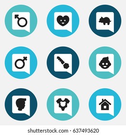 Set Of 9 Editable Kin Icons. Includes Symbols Such As Lock, Home, Baby And More. Can Be Used For Web, Mobile, UI And Infographic Design.