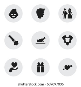 Set Of 9 Editable Kin Icons. Includes Symbols Such As Fried Chicken, Gift, Married And More. Can Be Used For Web, Mobile, UI And Infographic Design.
