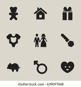 Set Of 9 Editable Kin Icons. Includes Symbols Such As Man Emblem, Moneybox, Soul And More. Can Be Used For Web, Mobile, UI And Infographic Design.