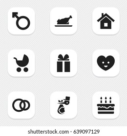 Set Of 9 Editable Kin Icons. Includes Symbols Such As Hoop, Soul, Child And More. Can Be Used For Web, Mobile, UI And Infographic Design.