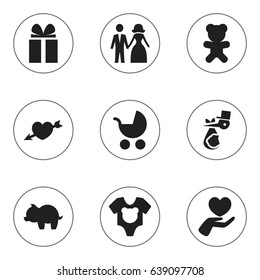 Set Of 9 Editable Kin Icons. Includes Symbols Such As Gift, Heart, Moneybox And More. Can Be Used For Web, Mobile, UI And Infographic Design.