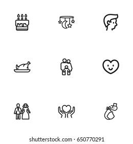 Set Of 9 Editable Kin Icons. Includes Symbols Such As Heart In Hand, People, Baby Mobile. Can Be Used For Web, Mobile, UI And Infographic Design.