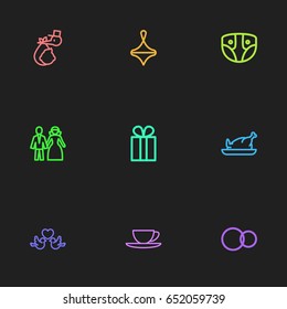 Set Of 9 Editable Kin Icons. Includes Symbols Such As Gyroscope, Present, Married And More. Can Be Used For Web, Mobile, UI And Infographic Design.