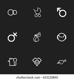 Set Of 9 Editable Kin Icons. Includes Symbols Such As Rings, Man Symbol, Female Sign And More. Can Be Used For Web, Mobile, UI And Infographic Design.
