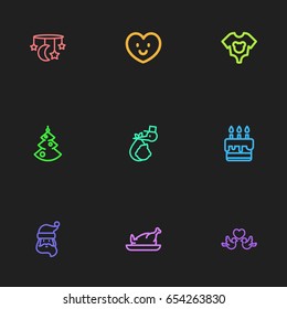 Set Of 9 Editable Kin Icons. Includes Symbols Such As Brings, Dress, Christmas And More. Can Be Used For Web, Mobile, UI And Infographic Design.