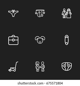 Set Of 9 Editable Kin Icons. Includes Symbols Such As Dog, Grass Cutting Machine, Fasten And More. Can Be Used For Web, Mobile, UI And Infographic Design.