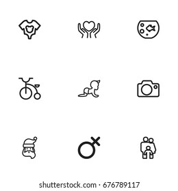 Set Of 9 Editable Kin Icons. Includes Symbols Such As Velocipede, Dress, Heart In Hand. Can Be Used For Web, Mobile, UI And Infographic Design.