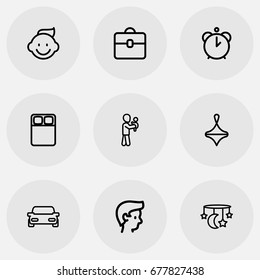 Set Of 9 Editable Kin Icons. Includes Symbols Such As Baby, Hour, Perambulator And More. Can Be Used For Web, Mobile, UI And Infographic Design.