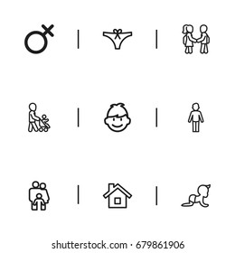 Set Of 9 Editable Kin Outline Icons. Includes Symbols Such As Friends, Son, Female Sign And More. Can Be Used For Web, Mobile, UI And Infographic Design.