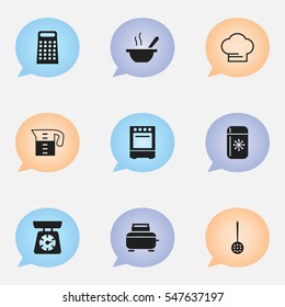 Set Of 9 Editable Kitchen Icons. Includes Symbols Such As Food Libra, Bowl, Strainer And More. Can Be Used For Web, Mobile, UI And Infographic Design.