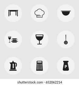Set Of 9 Editable Kitchen Icons. Includes Symbols Such As Plates With Glass, Kettle, Strainer And More. Can Be Used For Web, Mobile, UI And Infographic Design.