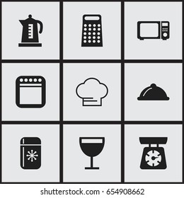 Set Of 9 Editable Kitchen Icons. Includes Symbols Such As Wave Oven, Food Libra, Grater And More. Can Be Used For Web, Mobile, UI And Infographic Design.