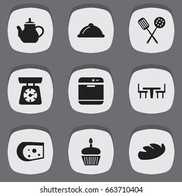 Set Of 9 Editable Kitchen Icons. Includes Symbols Such As Cheddar, Teapot, Dining Table And More. Can Be Used For Web, Mobile, UI And Infographic Design.