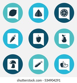 Set Of 9 Editable Kitchenware Icons. Includes Symbols Such As Onion, Low-Calorie Fruit, Lemon Piece And More. Can Be Used For Web, Mobile, UI And Infographic Design.