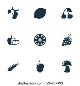 Set Of 9 Editable Kitchenware Icons. Includes Symbols Such As Lemon Piece, Sweet Pepper, Zucchini And More. Can Be Used For Web, Mobile, UI And Infographic Design.