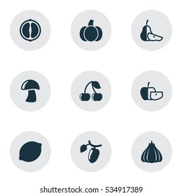 Set Of 9 Editable Kitchenware Icons. Includes Symbols Such As Lime, Pear Piece, Gourd And More. Can Be Used For Web, Mobile, UI And Infographic Design.