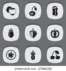 Set Of 9 Editable Kitchenware Icons. Includes Symbols Such As Exotic Dessert, Ananas, Berry And More. Can Be Used For Web, Mobile, UI And Infographic Design.