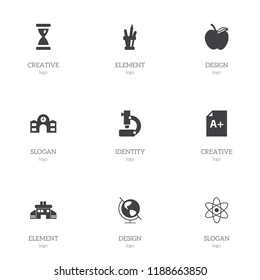 Set of 9 editable knowledge icons. Includes symbols such as atom, microscope, university and more. Can be used for web, mobile, UI and infographic design.