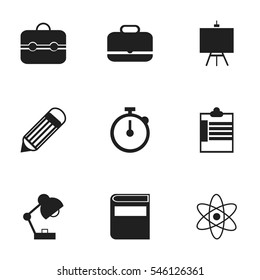 Set Of 9 Editable Knowledge Icons. Includes Symbols Such As Painter'S Stand, Supervision List  , Eraser. Can Be Used For Web, Mobile, UI And Infographic Design.