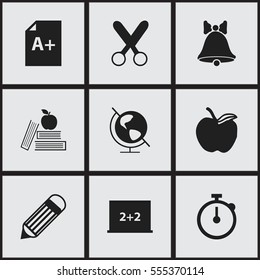Set Of 9 Editable Knowledge Icons. Includes Symbols Such As Textbook, Earth Planet, Apple And More. Can Be Used For Web, Mobile, UI And Infographic Design.