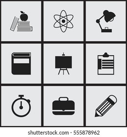 Set Of 9 Editable Knowledge Icons. Includes Symbols Such As Eraser, Timer, Textbook And More. Can Be Used For Web, Mobile, UI And Infographic Design.