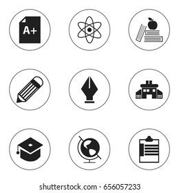 Set Of 9 Editable Knowledge Icons. Includes Symbols Such As Textbook, Earth Planet, Kindergarten And More. Can Be Used For Web, Mobile, UI And Infographic Design.
