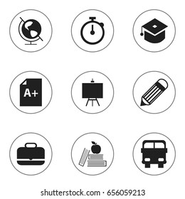 Set Of 9 Editable Knowledge Icons. Includes Symbols Such As Timer, Earth Planet, Ceremony And More. Can Be Used For Web, Mobile, UI And Infographic Design.