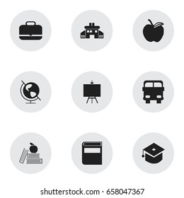 Set Of 9 Editable Knowledge Icons. Includes Symbols Such As Apple , Kindergarten, Painter's Stand. Can Be Used For Web, Mobile, UI And Infographic Design.