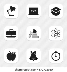 Set Of 9 Editable Knowledge Icons. Includes Symbols Such As Lighting, Timer, Writing Board And More. Can Be Used For Web, Mobile, UI And Infographic Design.