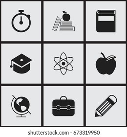 Set Of 9 Editable Knowledge Icons. Includes Symbols Such As Literature, Apple, Trunk And More. Can Be Used For Web, Mobile, UI And Infographic Design.