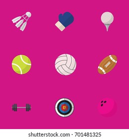 Set Of 9 Editable Lifestyle Flat Icons. Includes Symbols Such As Touchdown, Golf-Course, Miniball And More. Can Be Used For Web, Mobile, UI And Infographic Design.