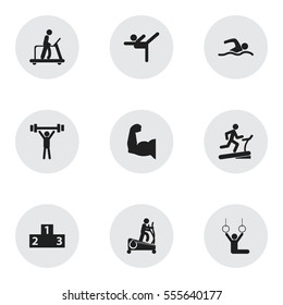 Set Of 9 Editable Lifestyle Icons. Includes Symbols Such As Acrobatics, Executing Running, Platform For Winner And More. Can Be Used For Web, Mobile, UI And Infographic Design.