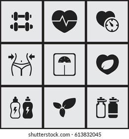 Set Of 9 Editable Lifestyle Icons. Includes Symbols Such As Leaf In Heart, Weight Measurement, Stopwatch And More. Can Be Used For Web, Mobile, UI And Infographic Design.