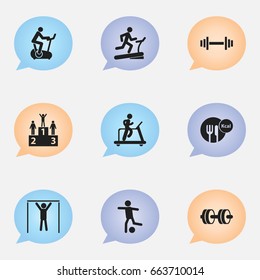 Set Of 9 Editable Lifestyle Icons. Includes Symbols Such As Crossbar, Jogging, Football And More. Can Be Used For Web, Mobile, UI And Infographic Design.