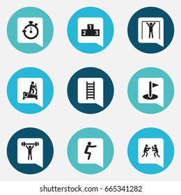 Set Of 9 Editable Lifestyle Icons. Includes Symbols Such As Flag, Platform For Winner, Instruction Male And More. Can Be Used For Web, Mobile, UI And Infographic Design.