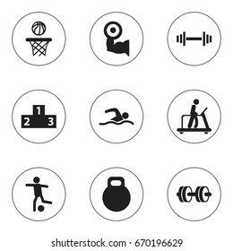 Set Of 9 Editable Lifestyle Icons. Includes Symbols Such As Executing Running, Training Pool, Weightiness And More. Can Be Used For Web, Mobile, UI And Infographic Design.