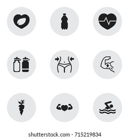 Set Of 9 Editable Lifestyle Icons. Includes Symbols Such As Swimming, Slimming, Leaf In Heart And More. Can Be Used For Web, Mobile, UI And Infographic Design.