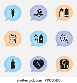 Set Of 9 Editable Lifestyle Icons. Includes Symbols Such As Muscle, Heartbeat, Questionnaire And More. Can Be Used For Web, Mobile, UI And Infographic Design.