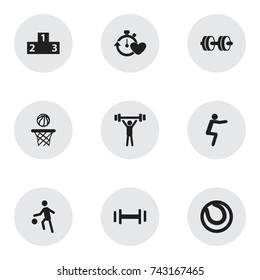 Set Of 9 Editable Lifestyle Icons. Includes Symbols Such As Game Ball, Bodybuilding, Health Time And More. Can Be Used For Web, Mobile, UI And Infographic Design.