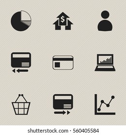 Set Of 9 Editable Logical Icons. Includes Symbols Such As Pay Redeem, Graph Information, Banking House And More. Can Be Used For Web, Mobile, UI And Infographic Design.