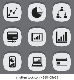 Set Of 9 Editable Logical Icons. Includes Symbols Such As Phone Statistics, Circle Diagram, Equalizer Display And More. Can Be Used For Web, Mobile, UI And Infographic Design.