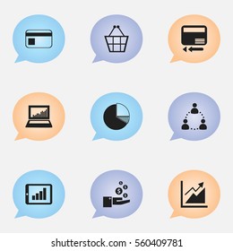 Set Of 9 Editable Logical Icons. Includes Symbols Such As Circle Diagram, Transmission, Bar Chart And More. Can Be Used For Web, Mobile, UI And Infographic Design.
