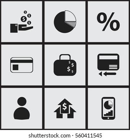 Set Of 9 Editable Logical Icons. Includes Symbols Such As Bank Payment, Percent, Banking House And More. Can Be Used For Web, Mobile, UI And Infographic Design.